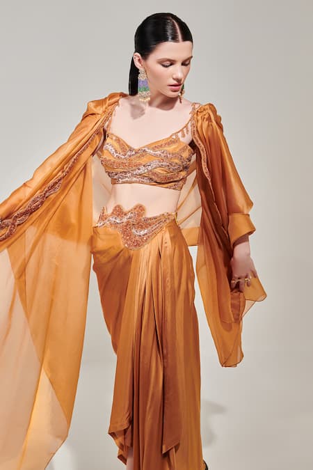 Shop One Knot One By Ashna Yellow Crepe, Silk Satin Beads, Border Embroidered Cowl Cape And Draped Skirt Set Online at Aza Fashions Shop_One Knot One By Ashna_Yellow Crepe, Silk Satin Beads, Border Embroidered Cowl Cape And Draped Skirt Set _Online_at_Aza_Fashions