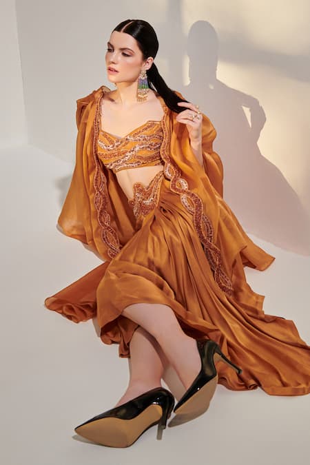 One Knot One By Ashna Yellow Crepe, Silk Satin Beads, Border Embroidered Cowl Cape And Draped Skirt Set at Aza Fashions One Knot One By Ashna_Yellow Crepe, Silk Satin Beads, Border Embroidered Cowl Cape And Draped Skirt Set _at_Aza_Fashions