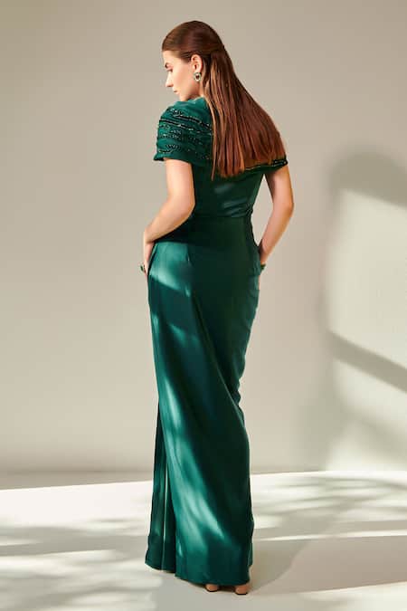 One Knot One By Ashna Off Shoulder Yoke Embellished Draped Gown 