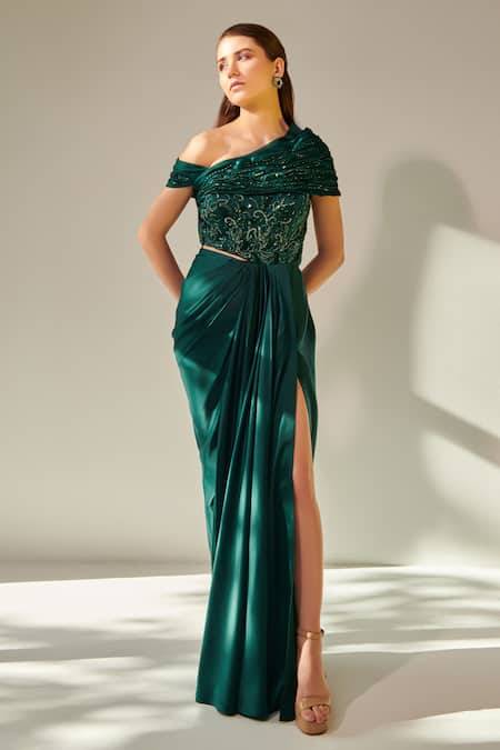 Buy_One Knot One By Ashna_Emerald Green Organza, Satin Sequins, Cut Work Off Yoke Embellished Draped Gown _Online_at_Aza_Fashions