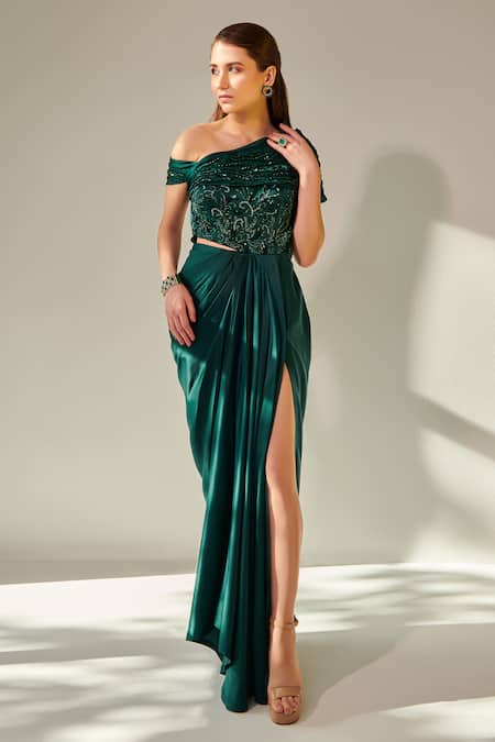 One Knot One By Ashna_Emerald Green Organza, Satin Sequins, Cut Work Off Yoke Embellished Draped Gown _at_Aza_Fashions