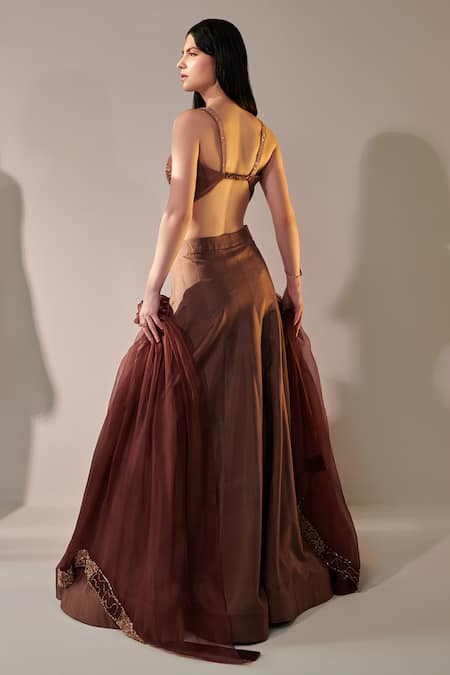 One Knot One By Ashna Brown Crepe, Silk, Organza Cut Work, Ombre Embroidered Blouse Lehenga Set Online at Aza Fashions One Knot One By Ashna_Brown Crepe, Silk, Organza Cut Work, Ombre Embroidered Blouse Lehenga Set _Online_at_Aza_Fashions