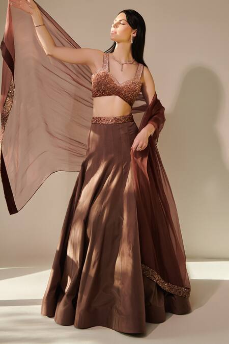 Shop One Knot One By Ashna Brown Crepe, Silk, Organza Cut Work, Ombre Embroidered Blouse Lehenga Set Online at Aza Fashions Shop_One Knot One By Ashna_Brown Crepe, Silk, Organza Cut Work, Ombre Embroidered Blouse Lehenga Set _Online_at_Aza_Fashions