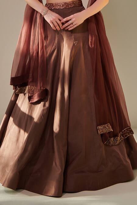 One Knot One By Ashna Brown Crepe, Silk, Organza Cut Work, Ombre Embroidered Blouse Lehenga Set at Aza Fashions One Knot One By Ashna_Brown Crepe, Silk, Organza Cut Work, Ombre Embroidered Blouse Lehenga Set _at_Aza_Fashions