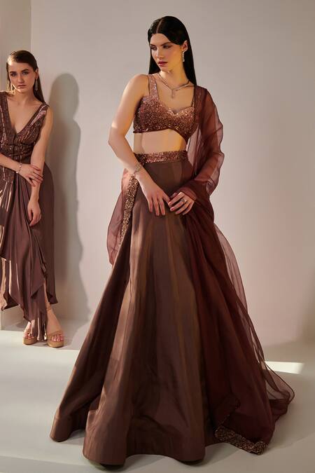 Buy One Knot One By Ashna Brown Crepe, Silk, Organza Cut Work, Ombre Embroidered Blouse Lehenga Set Buy_One Knot One By Ashna_Brown Crepe, Silk, Organza Cut Work, Ombre Embroidered Blouse Lehenga Set