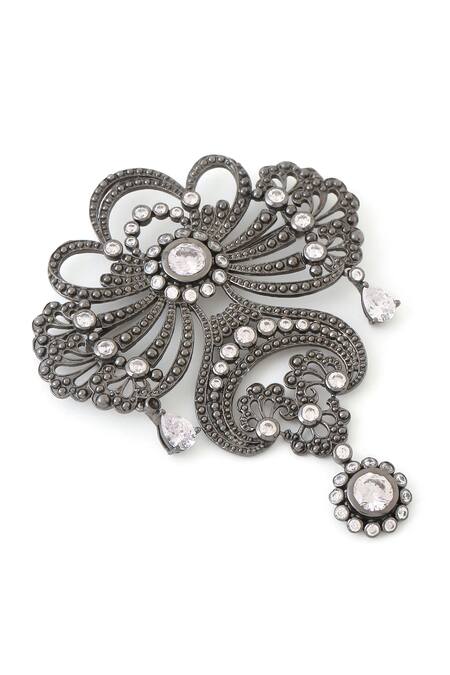 Buy_Cosa Nostraa_Grey Crystals Amaze Allure Floral Carved Brooch _Online_at_Aza_Fashions