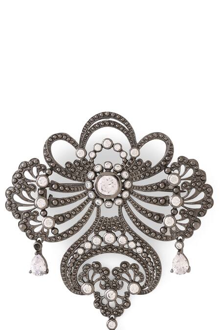 Shop_Cosa Nostraa_Grey Crystals Amaze Allure Floral Carved Brooch _Online_at_Aza_Fashions