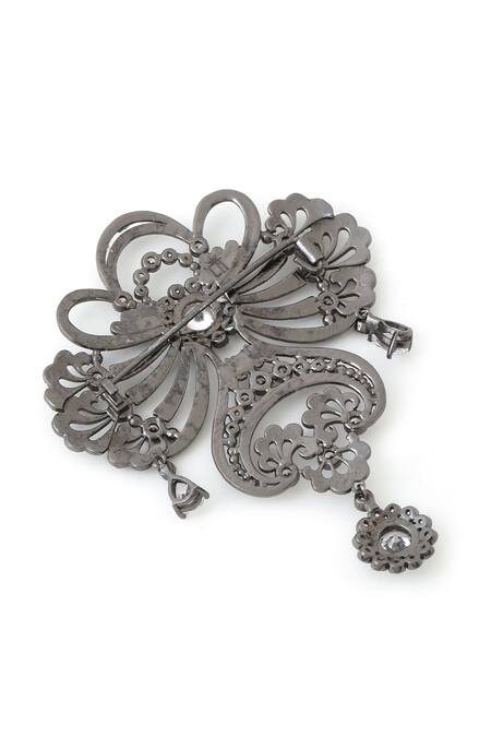Cosa Nostraa_Grey Crystals Amaze Allure Floral Carved Brooch _at_Aza_Fashions