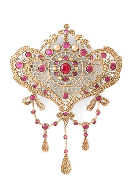 Shop_Cosa Nostraa_Gold Crystals Floral Carved Delight Brooch _Online_at_Aza_Fashions
