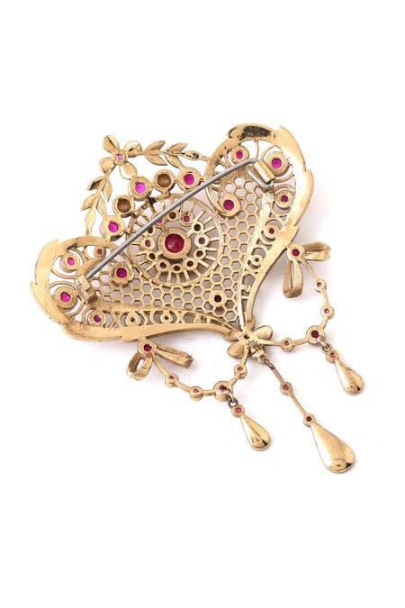 Cosa Nostraa_Gold Crystals Floral Carved Delight Brooch _at_Aza_Fashions