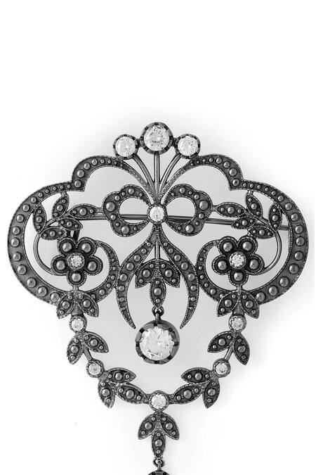 Shop_Cosa Nostraa_Grey Crystals Natural Novelty Carved Brooch _Online_at_Aza_Fashions