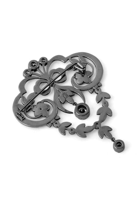 Cosa Nostraa_Grey Crystals Natural Novelty Carved Brooch _at_Aza_Fashions