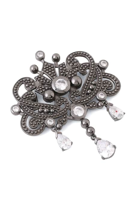 Buy_Cosa Nostraa_Grey Crystals, Diamonds Ornate Glory Carved Brooch _Online_at_Aza_Fashions