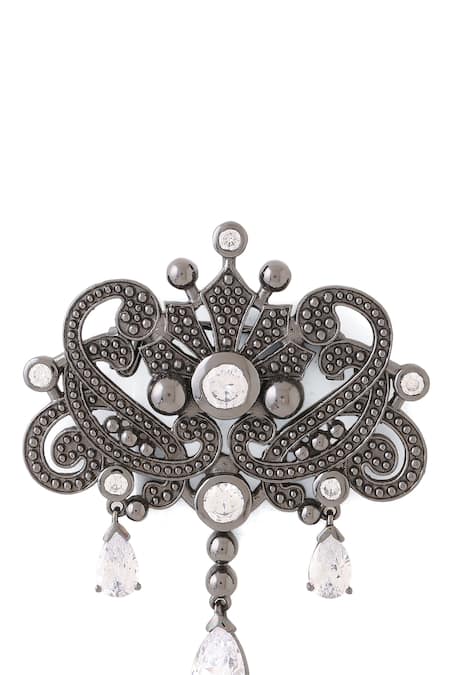 Shop_Cosa Nostraa_Grey Crystals, Diamonds Ornate Glory Carved Brooch _Online_at_Aza_Fashions