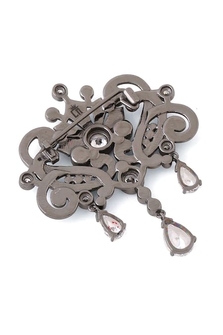 Cosa Nostraa_Grey Crystals, Diamonds Ornate Glory Carved Brooch _at_Aza_Fashions