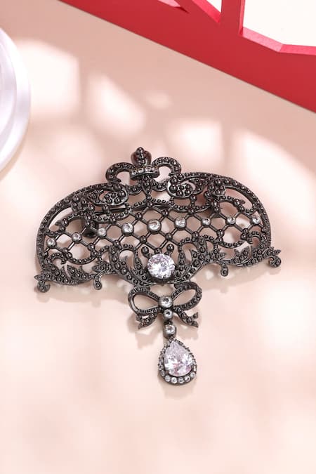 Shop_Cosa Nostraa_Grey Crystals Bow And Beauty Carved Brooch _at_Aza_Fashions