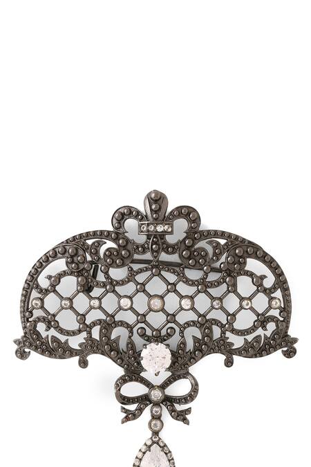 Shop_Cosa Nostraa_Grey Crystals Bow And Beauty Carved Brooch _Online_at_Aza_Fashions