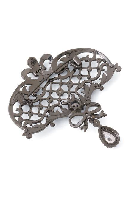 Cosa Nostraa_Grey Crystals Bow And Beauty Carved Brooch _at_Aza_Fashions