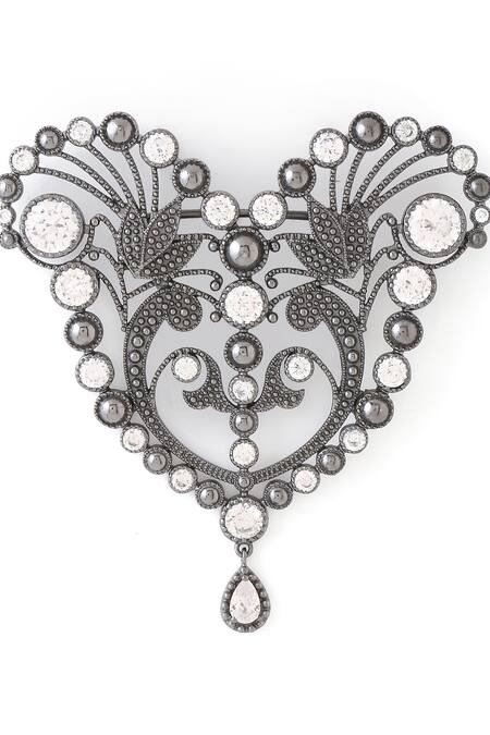 Shop_Cosa Nostraa_Grey Crystals Victorian Heart Embellished Brooch _Online_at_Aza_Fashions