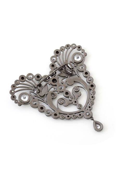 Cosa Nostraa_Grey Crystals Victorian Heart Embellished Brooch _at_Aza_Fashions