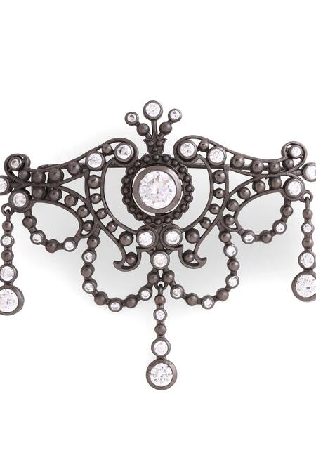 Shop_Cosa Nostraa_Grey Crystals Antique Marvel Embellished Brooch _Online_at_Aza_Fashions