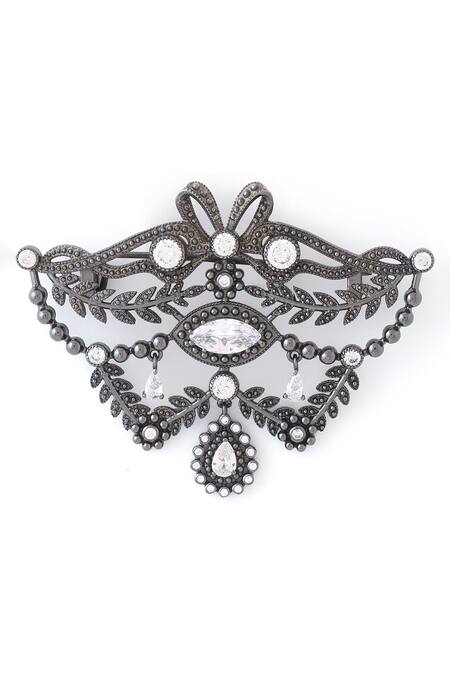 Shop_Cosa Nostraa_Grey Crystals Fleur Muse Embellished Brooch _Online_at_Aza_Fashions