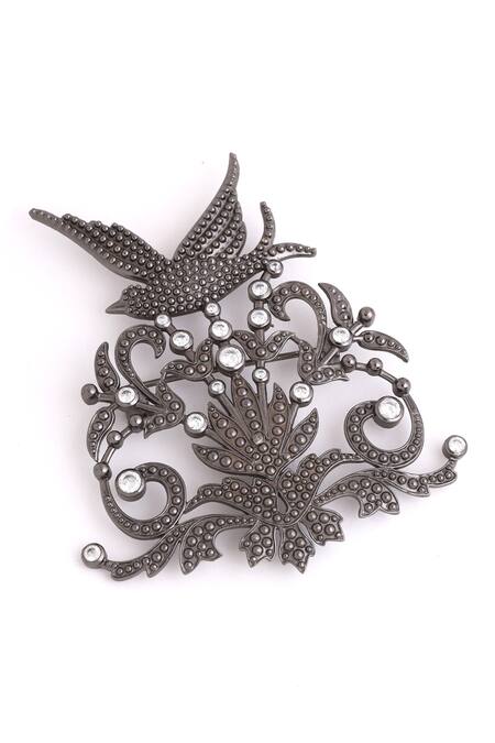 Buy_Cosa Nostraa_Grey Crystals Flora And Flight Embellished Brooch _Online_at_Aza_Fashions