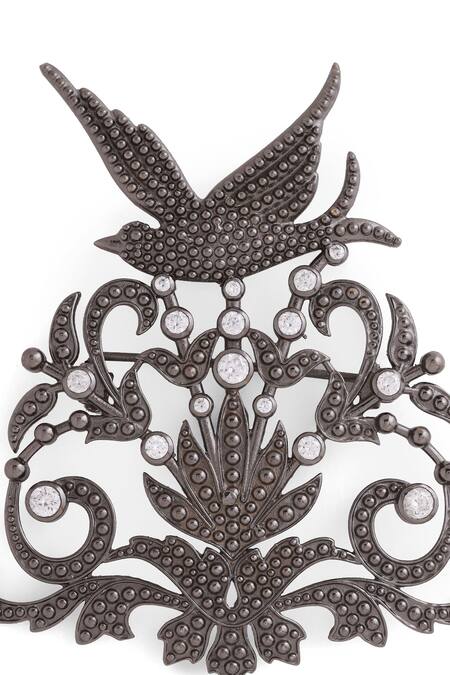 Shop_Cosa Nostraa_Grey Crystals Flora And Flight Embellished Brooch _Online_at_Aza_Fashions