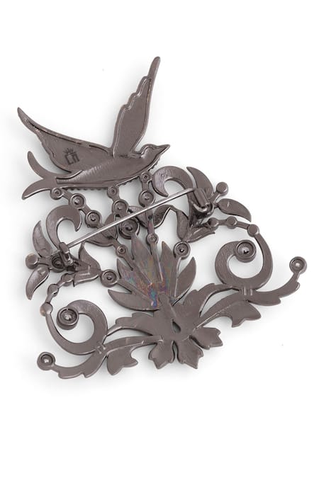Cosa Nostraa_Grey Crystals Flora And Flight Embellished Brooch _at_Aza_Fashions