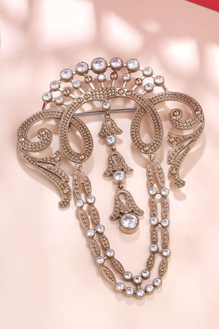Shop_Cosa Nostraa_Gold Crystals Victorian Tales Embellished Brooch _at_Aza_Fashions