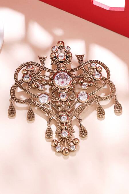 Shop_Cosa Nostraa_Gold Crystals Grace Of Garden Brooch _at_Aza_Fashions