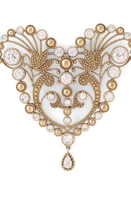 Shop_Cosa Nostraa_Gold Crystals Victorian Heart Brooch _Online_at_Aza_Fashions