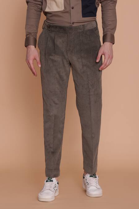 Lacquer Embassy_Green Corduroy Plain Olea Trouser  _Online_at_Aza_Fashions