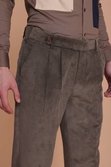 Lacquer Embassy_Green Corduroy Plain Olea Trouser  _at_Aza_Fashions