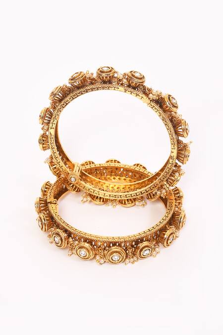 Buy_Anjali Jain_Gold Plated Pearls Polki Embellished Bangles - Set Of 2 _Online_at_Aza_Fashions