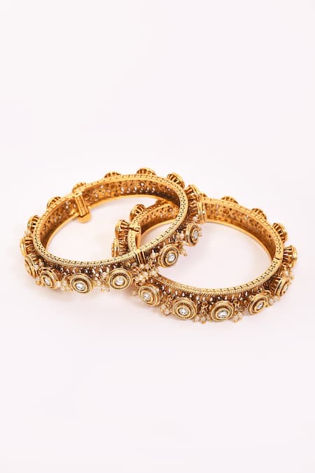 Shop_Anjali Jain_Gold Plated Pearls Polki Embellished Bangles - Set Of 2 _Online_at_Aza_Fashions