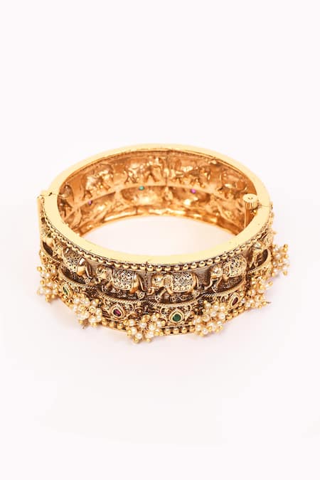 Buy_Anjali Jain_Gold Plated Pearl Elephant Carved Bangle _Online_at_Aza_Fashions