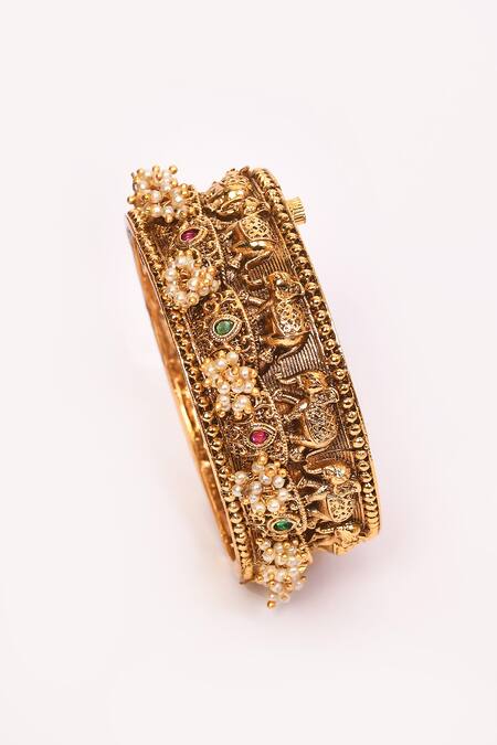 Shop_Anjali Jain_Gold Plated Pearl Elephant Carved Bangle _Online_at_Aza_Fashions