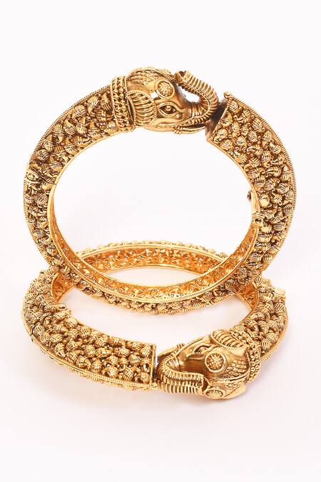 Buy_Anjali Jain_Gold Plated Cut Work Elephant Carved Bangles - Set Of 2_Online_at_Aza_Fashions