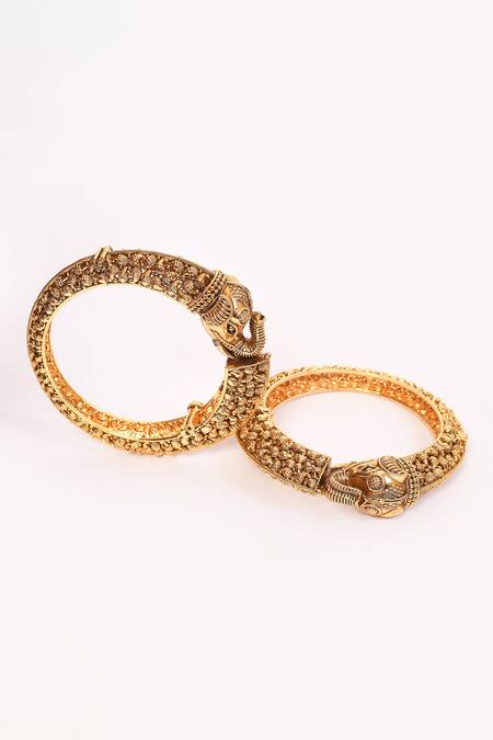 Shop_Anjali Jain_Gold Plated Cut Work Elephant Carved Bangles - Set Of 2_Online_at_Aza_Fashions