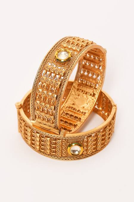 Buy_Anjali Jain_Gold Plated Stones Geometric Carved Bangles - Set Of 2_Online_at_Aza_Fashions