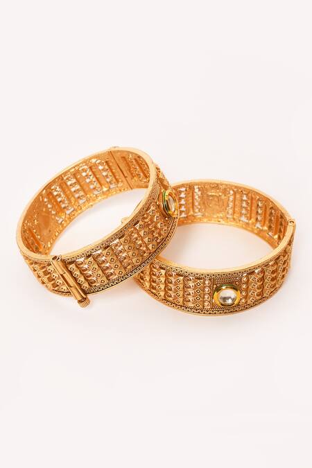 Shop_Anjali Jain_Gold Plated Stones Geometric Carved Bangles - Set Of 2_Online_at_Aza_Fashions