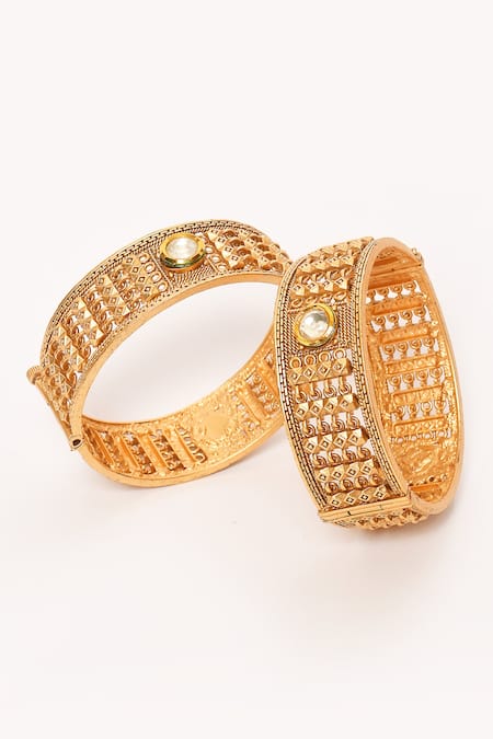 Buy_Anjali Jain_Gold Plated Stones Geometric Carved Bangles - Set Of 2