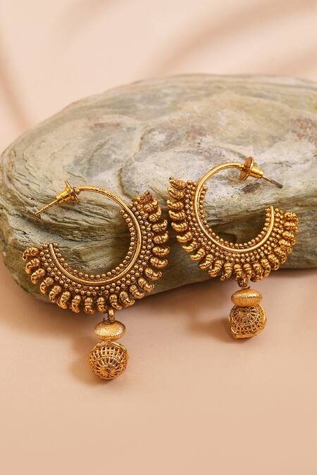 Shop_Anjali Jain_Gold Plated Bead Paisley Carved Earrings _at_Aza_Fashions