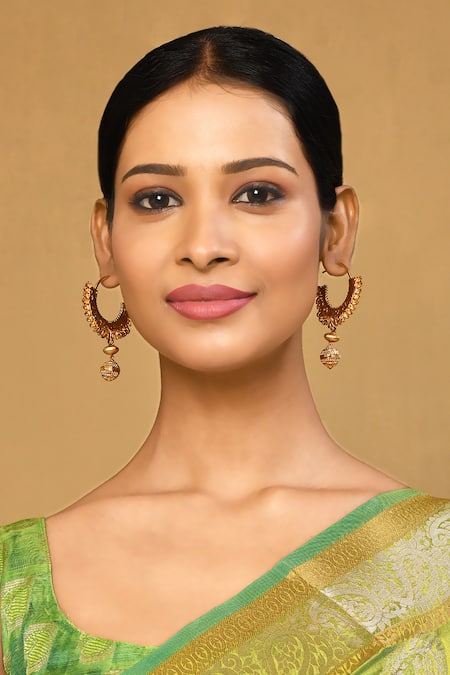 Anjali Jain_Gold Plated Bead Paisley Carved Earrings _Online_at_Aza_Fashions