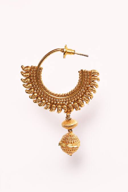 Shop_Anjali Jain_Gold Plated Bead Paisley Carved Earrings _Online_at_Aza_Fashions