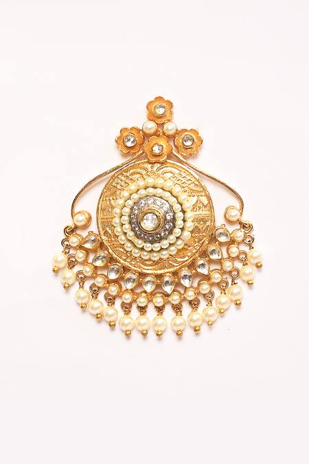 Shop_Anjali Jain_Gold Plated Pearl, Kundan Embellished Chandbalis_Online_at_Aza_Fashions
