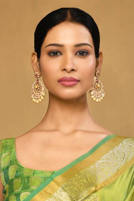 Anjali Jain_Gold Plated Pearls Floral Shaped Cutwork Chandbalis _Online_at_Aza_Fashions