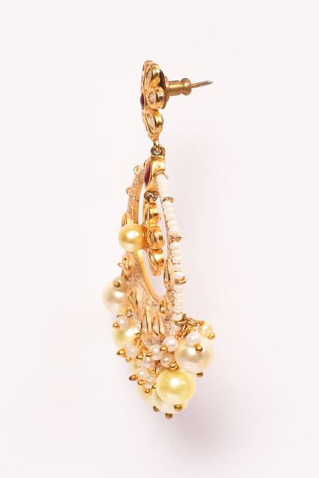 Anjali Jain_Gold Plated Pearls Floral Shaped Cutwork Chandbalis _at_Aza_Fashions