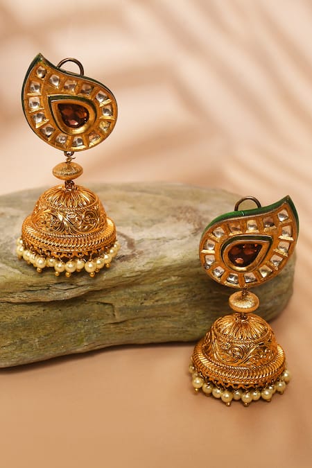 Shop_Anjali Jain_Gold Plated Stone Paisley Carved Jhumkas _at_Aza_Fashions